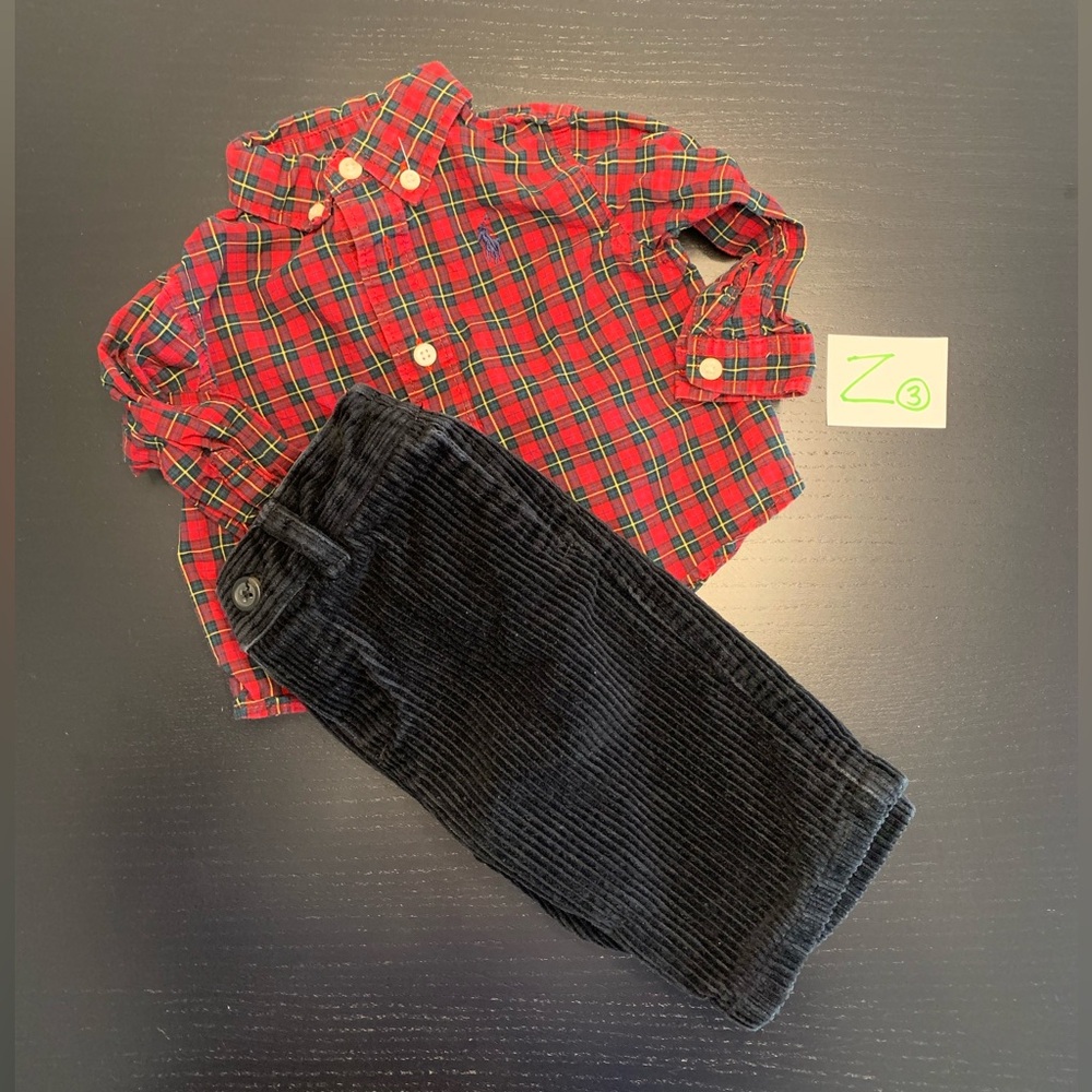 Polo 0-3m Red Plaid Button Down Shirt & Black Pants